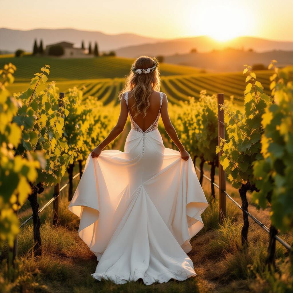 Joyful Bride in Tuscany Vineyard at Sunset