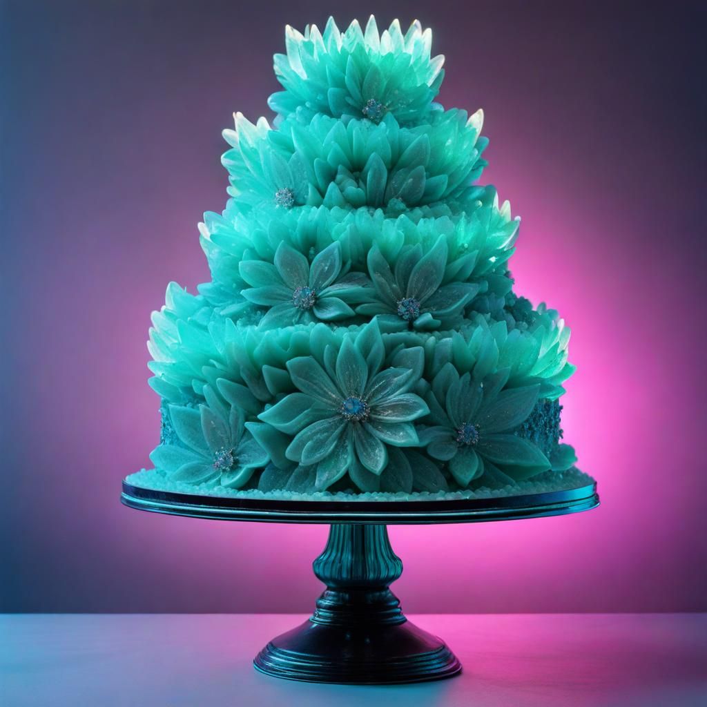 Teal Crystal Wedding Cake with Neon Blossoms