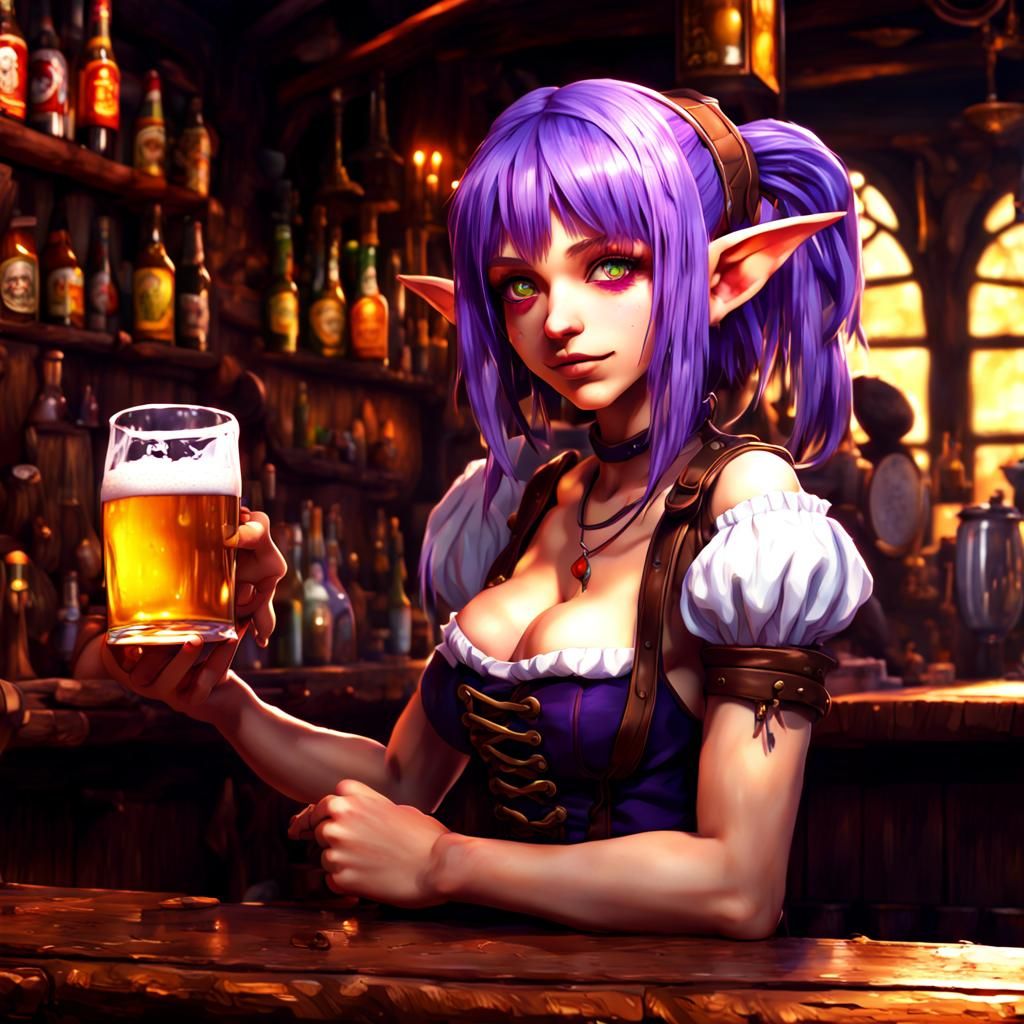 Goblin Barmaid Serving Drinks in Anime Style