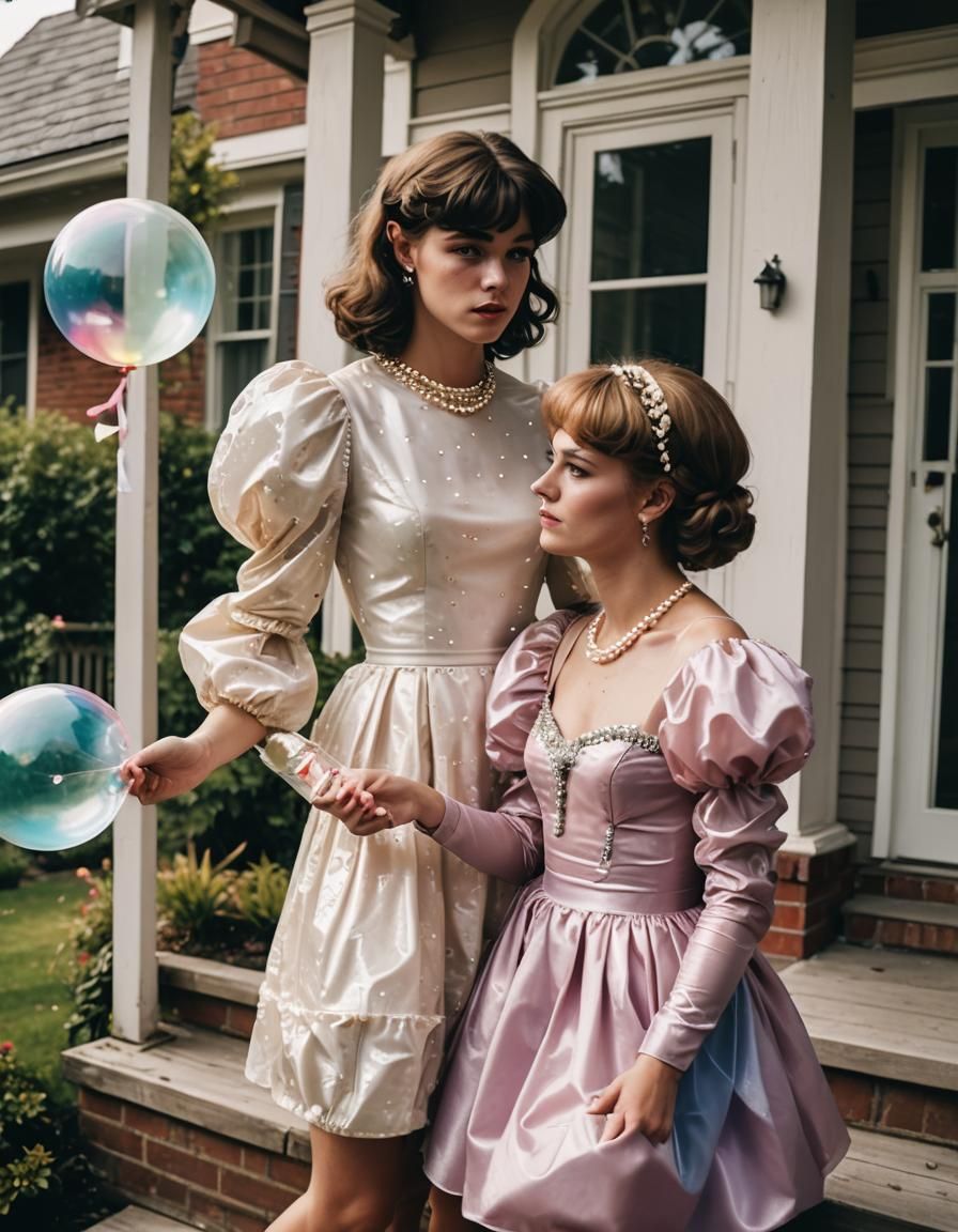 Muscular Teen in Pearl Dress on Porch, Film Still