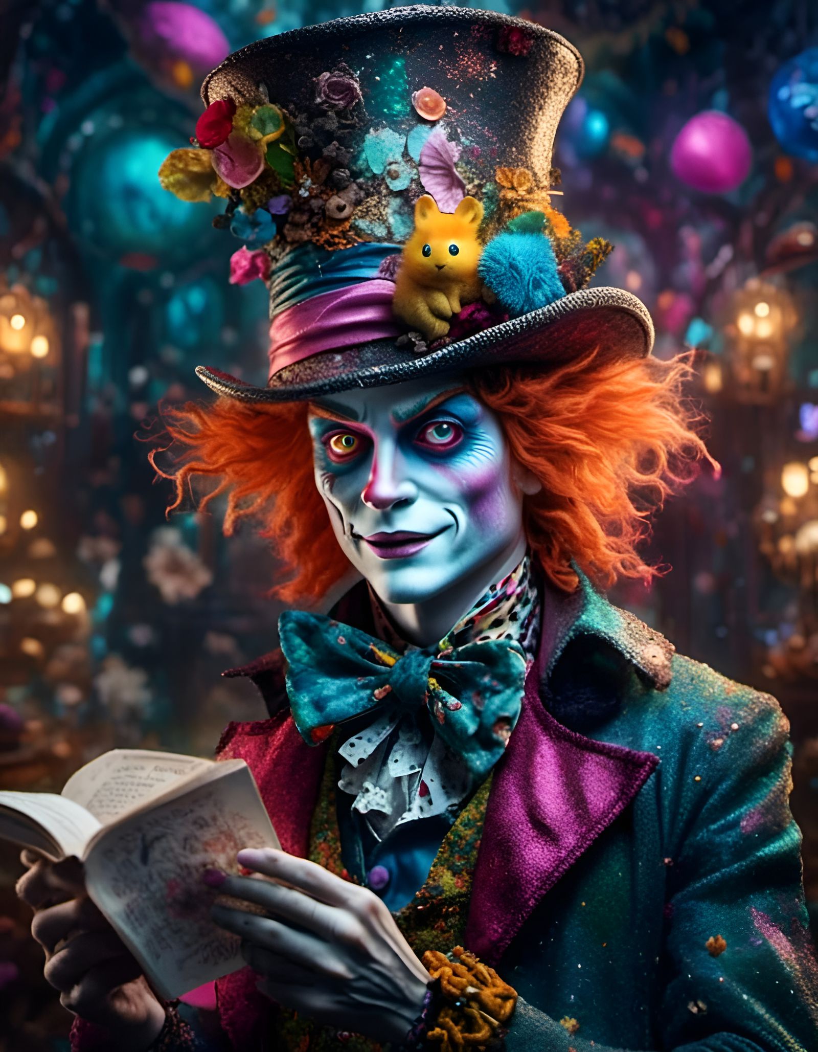 Hyperrealistic Mad Hatter as a God in Wonderland