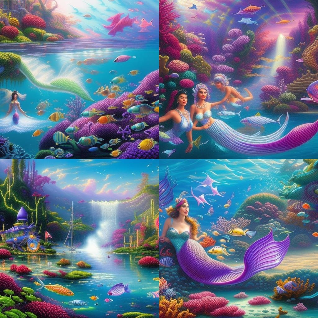 Half-Robotic Mermaids in Ethereal Underwater Kingdom