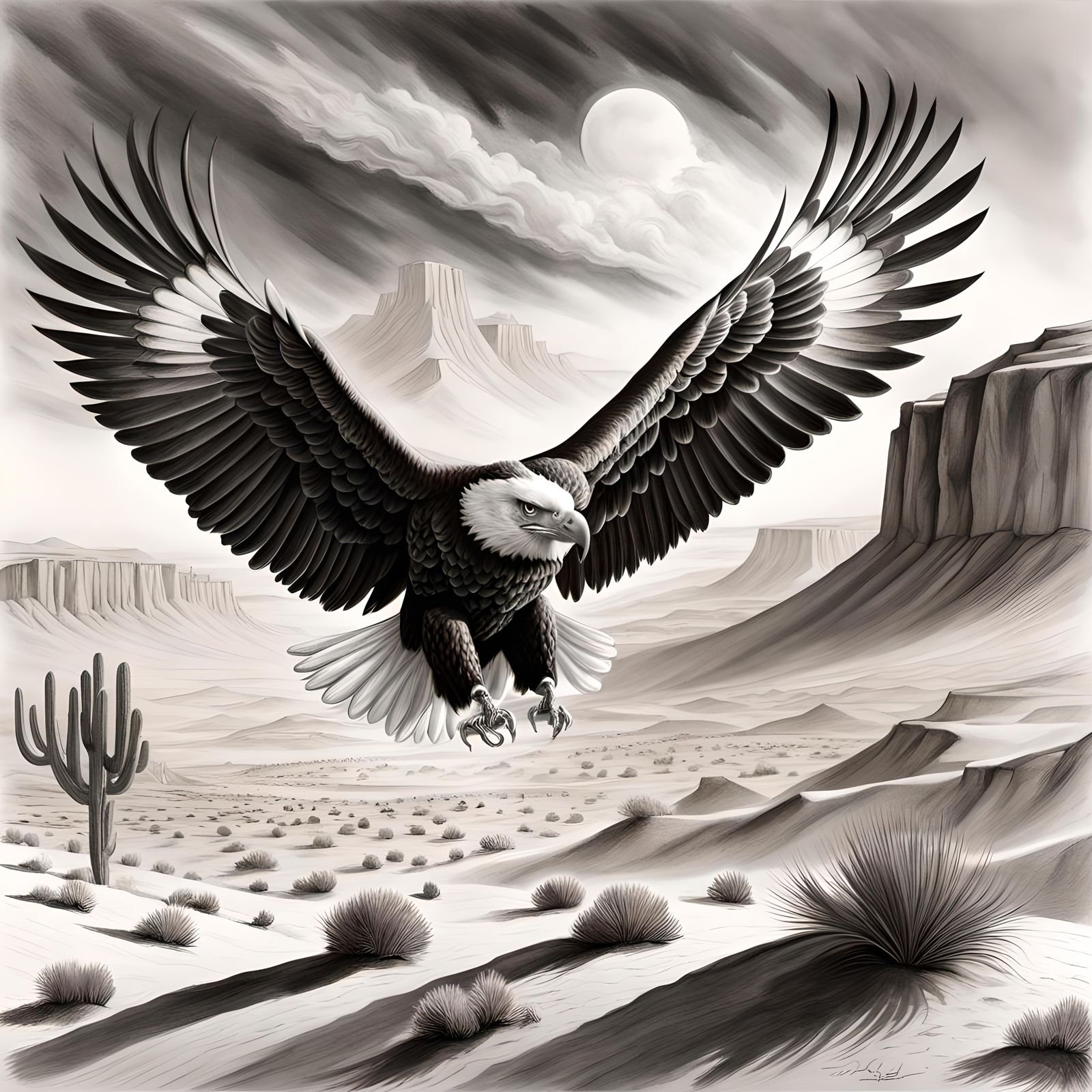 Eagle Soaring Over Desert Landscape in Sketch Art