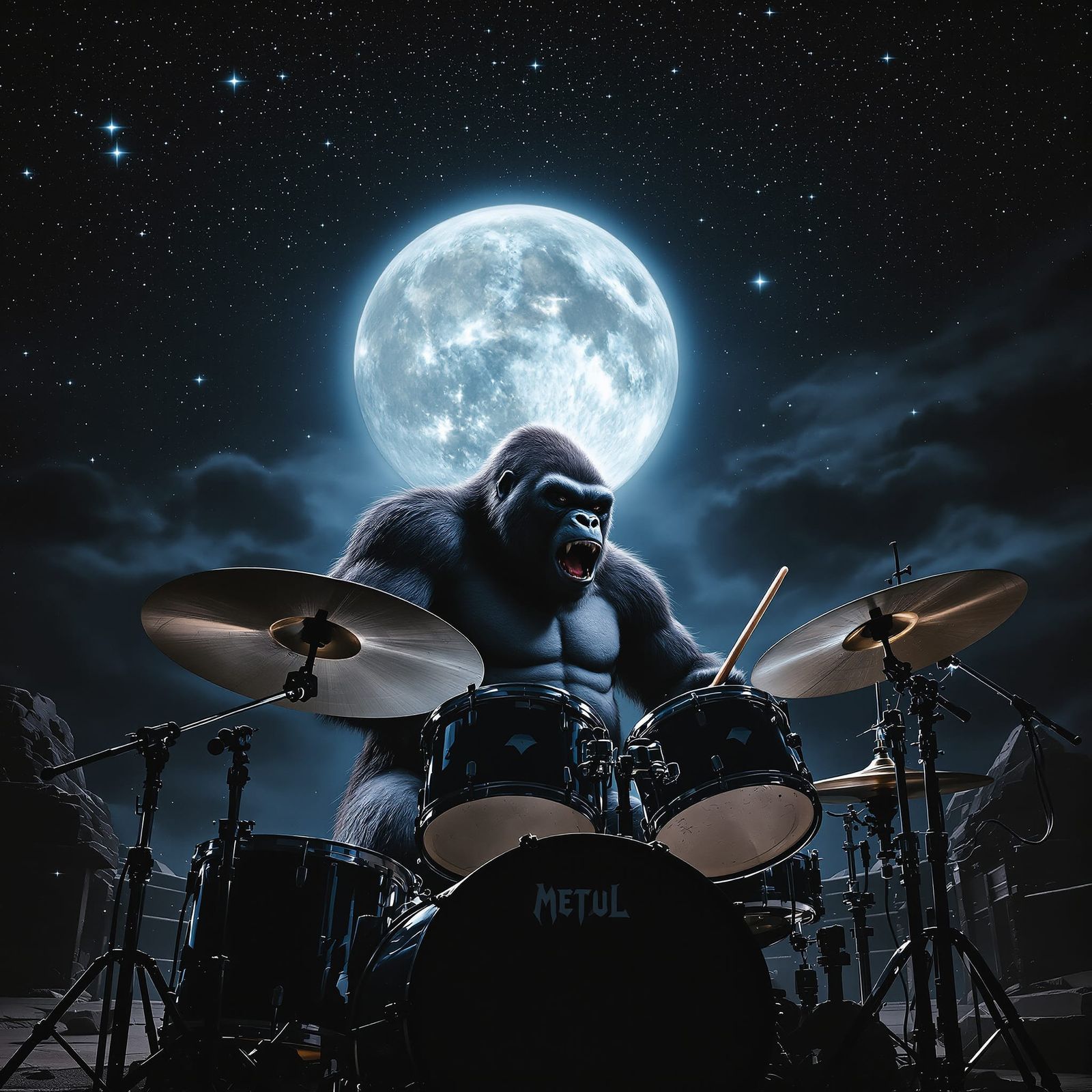 Gorilla Drumming to Heavy Metal Under Full Moon Sky