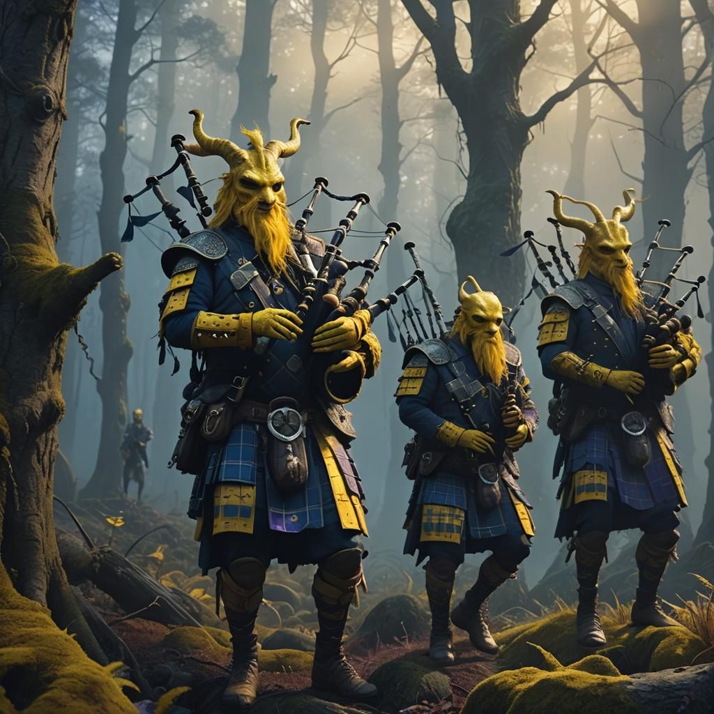 Scaly Humanoids Play Bagpipes in Mystical Forest