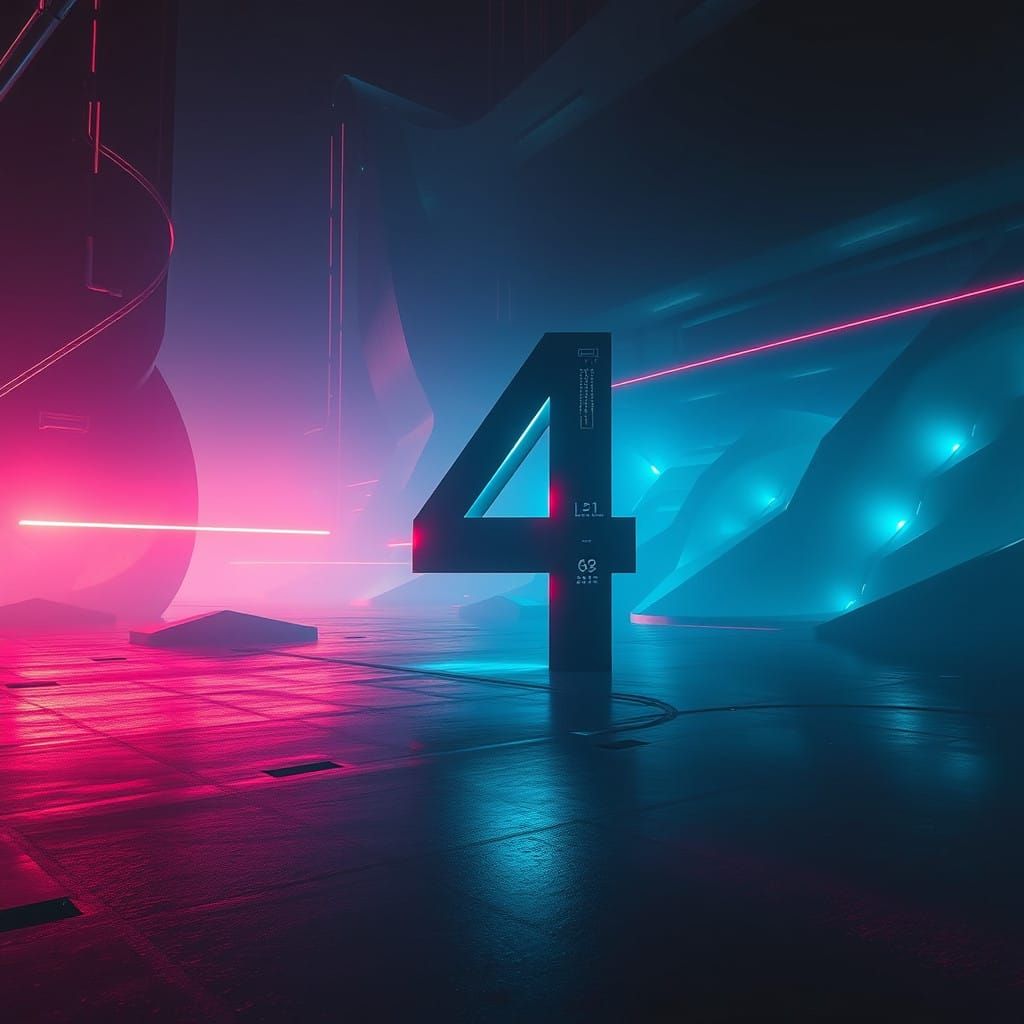Majestic Number Four in Futuristic Neon Landscape