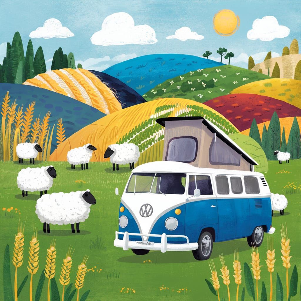 VW Camper with colourful hills and SHEEP!