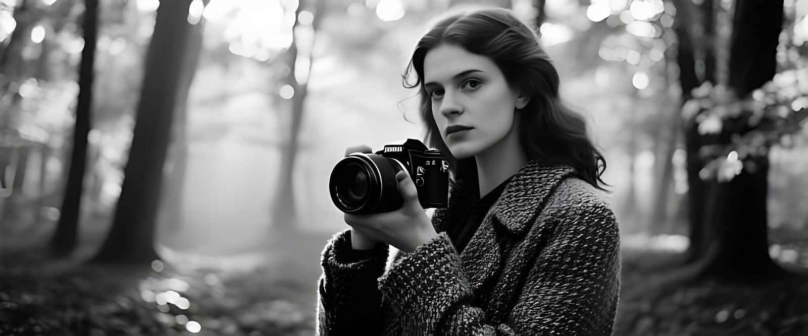 Monochrome Portrait of Photographer in Autumn Forest