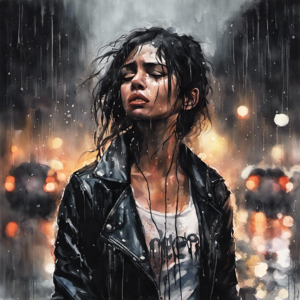 Heartbroken Latina Woman Crying in Rainy Anime Art