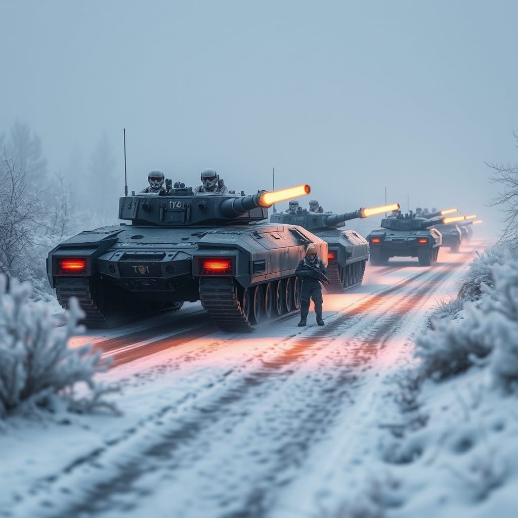 Cyberpunk War Machines Patrol Frosty Roads