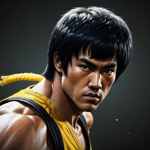 Hyperrealistic Splash Art Portrait of Bruce Lee
