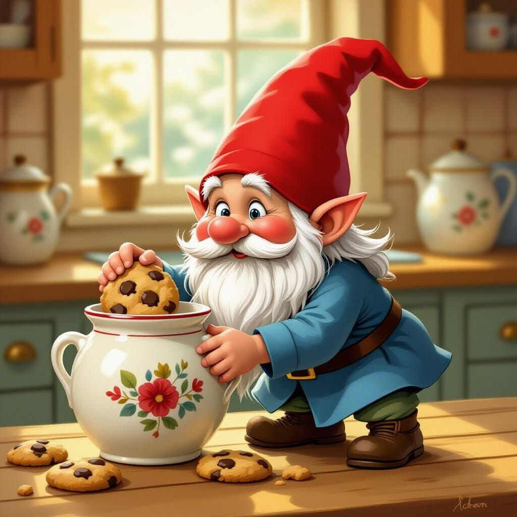 Mischievous Gnome Steals Cookie From Antique Jar