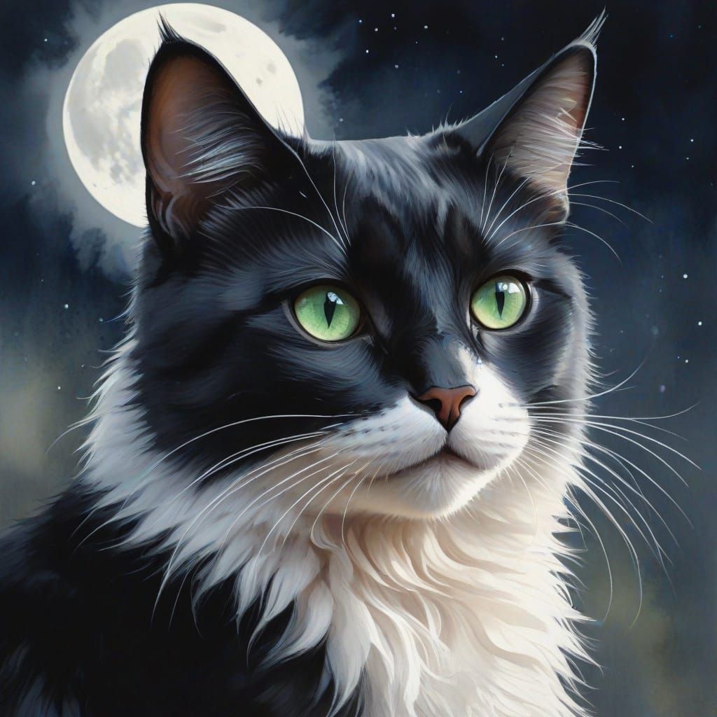 Black Cat with Emerald Eyes, in Watercolor Style