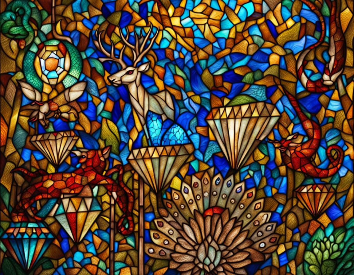 Stained Glass Animals on Diamonds Artwork