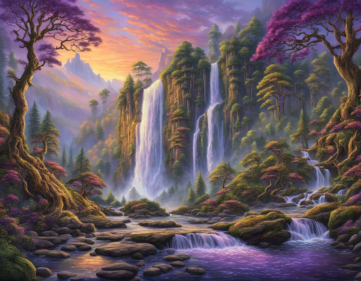 Majestic Waterfall at Purple Sunset in Oil Painting Style