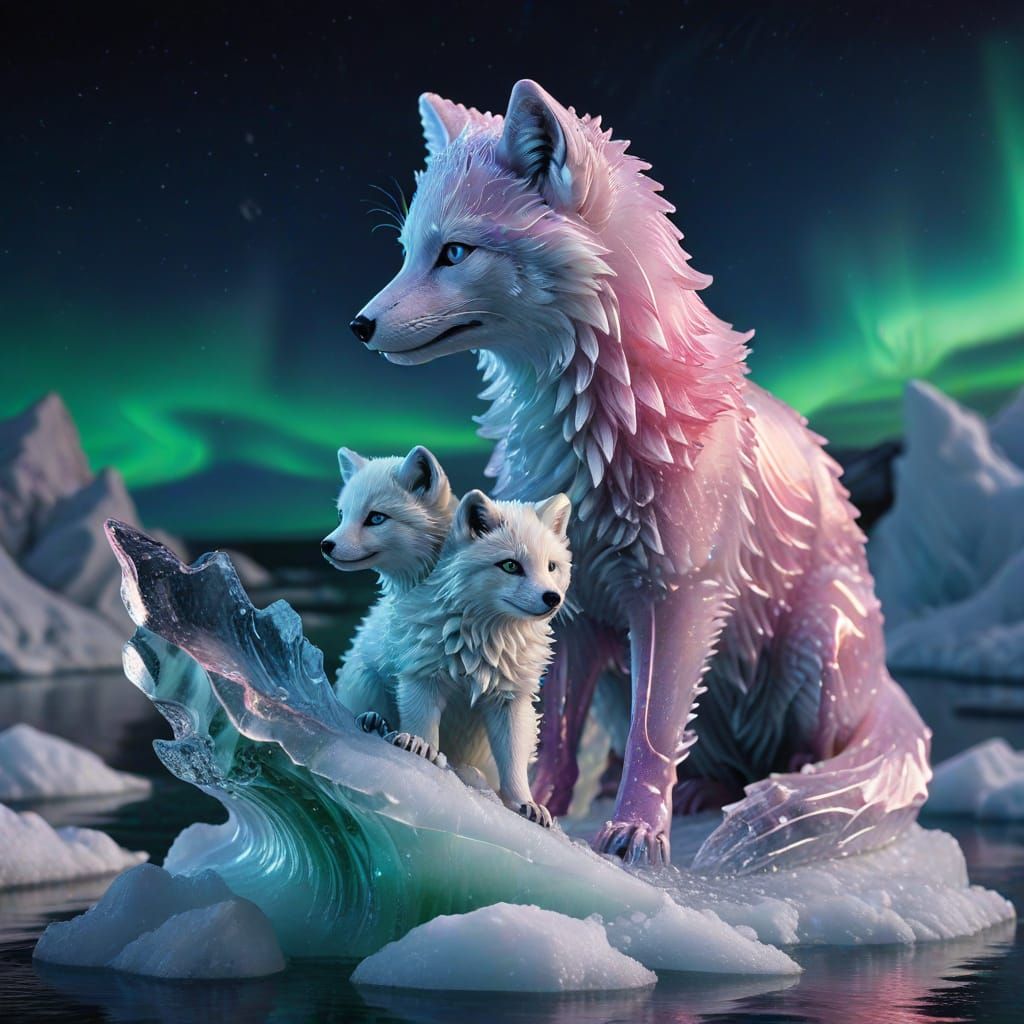 Melting Ice Sculpture: Arctic Fox Family