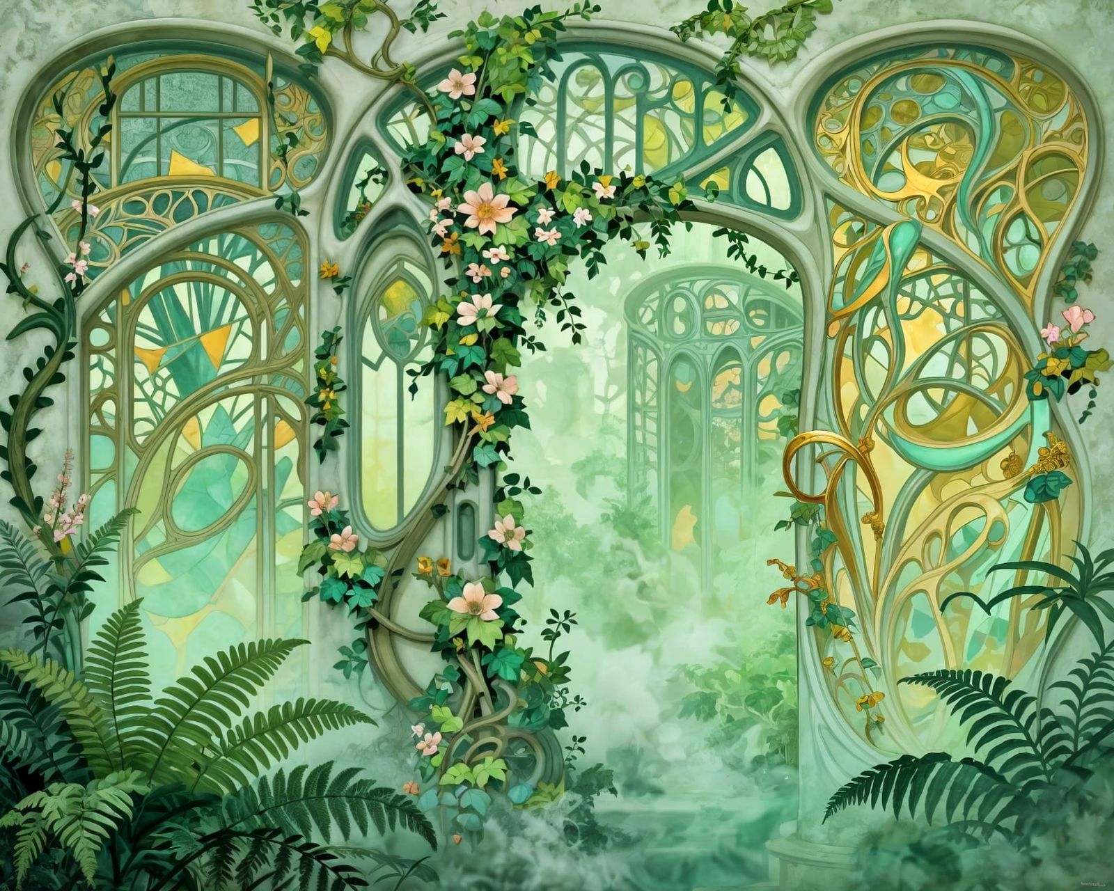 Art Nouveau Cityscape Reclaimed By Lush Nature