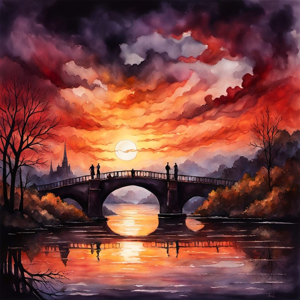 Gothic Watercolor Sunset Over Old Bridge