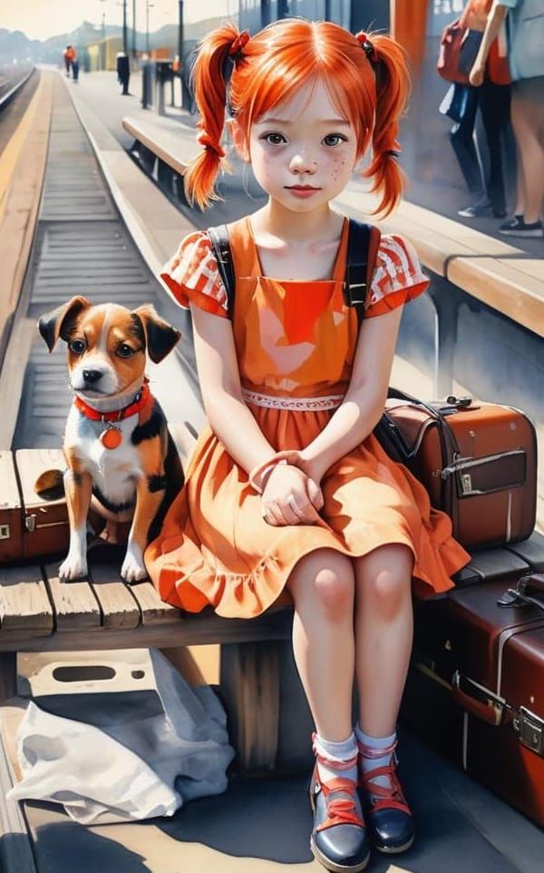 A pastel watercolour of a little girl with red pigtails dres...