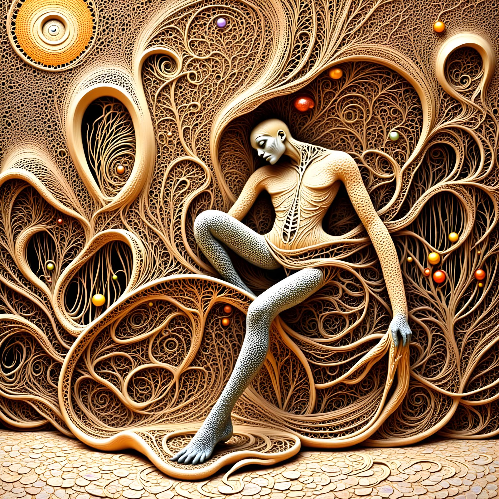 Surreal Wicker Patterned Man Dancing in Art Gallery Jungle