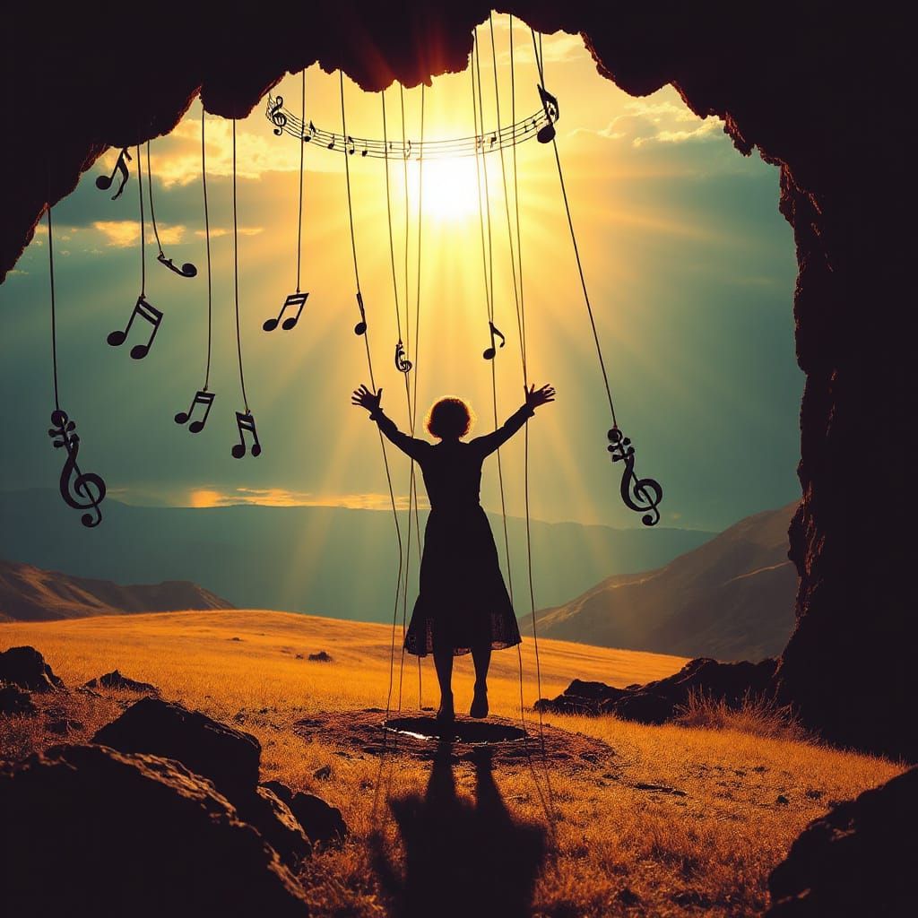 Figure Escapes Puppet Strings Into Sunlit Landscape