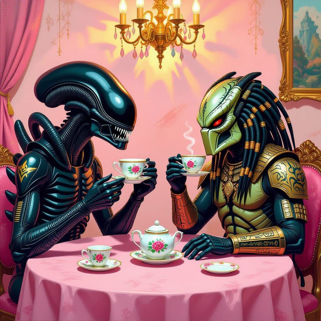 Xenomorph and Predator Share Tea in Surreal Oil Painting