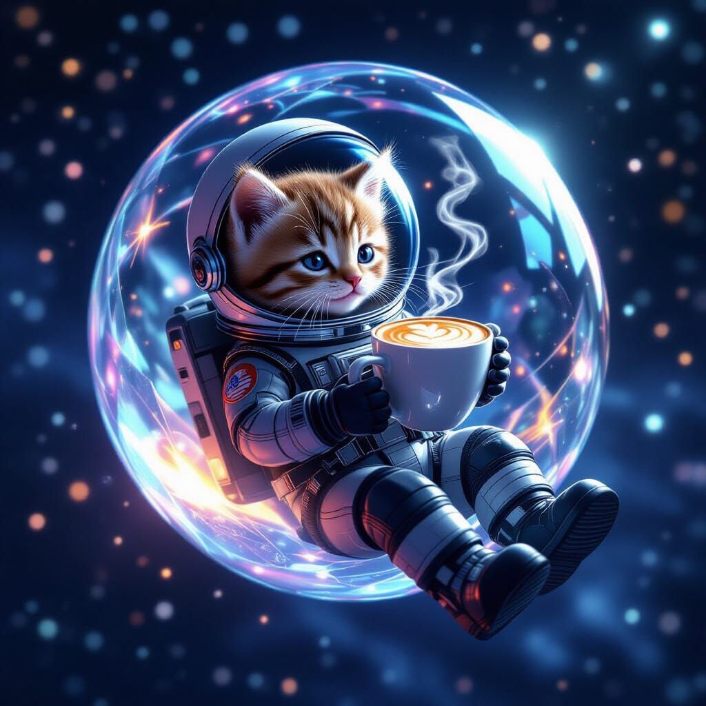 Kitten Astronaut Floats with Galaxy Latte Art