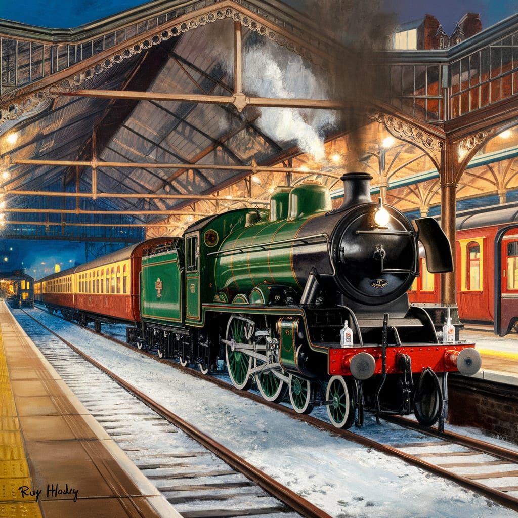 Vintage Steam Locomotive Under Nighttime Station Lights