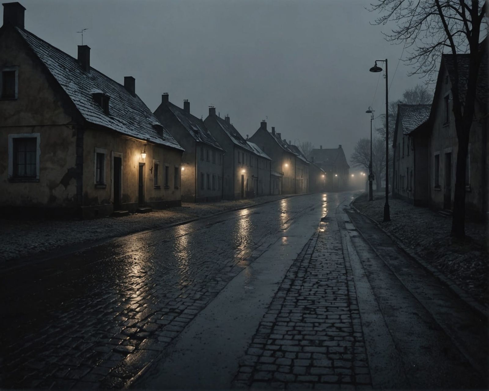 Noir Village Scene in Ominous Light