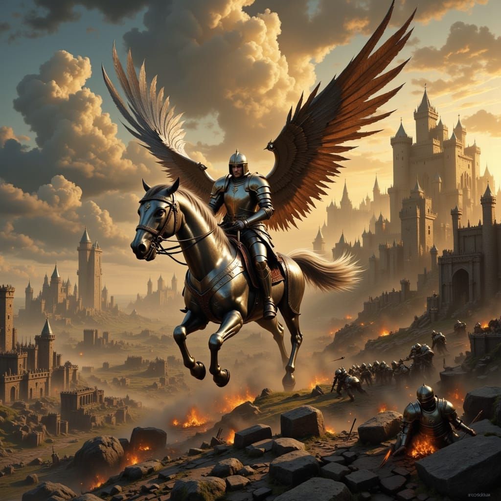 Knight On Winged Steed Soaring Over War-Torn Land