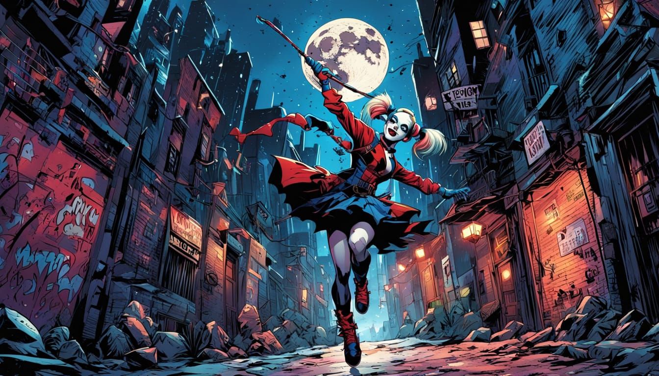 Harley Quinn Dances in Gotham Alley, Comic Book Style