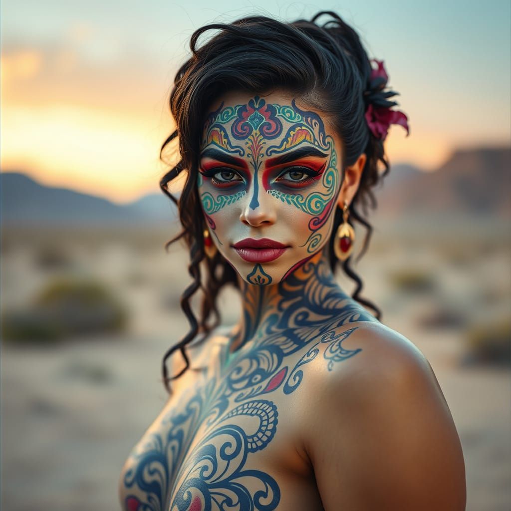 Confident Desert Goddess in Vibrant Rococo-Inspired Body Pai...
