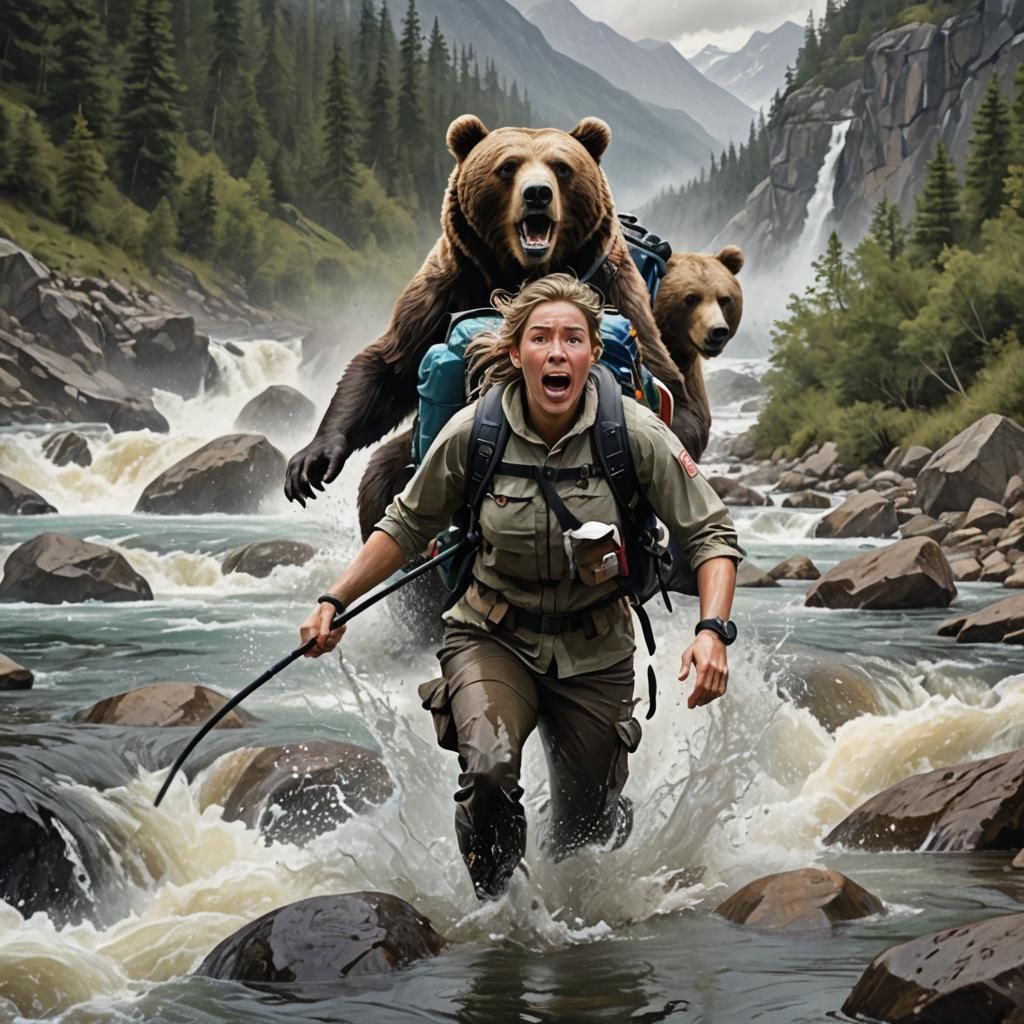 Woman Fleeing Bear in Rugged Wilderness River