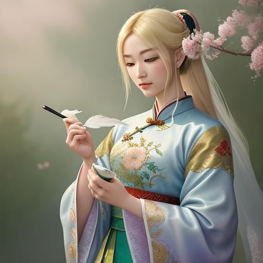 a 16-year-old girl with light green eyes and blond hair, dressed like a chinese opera actress.