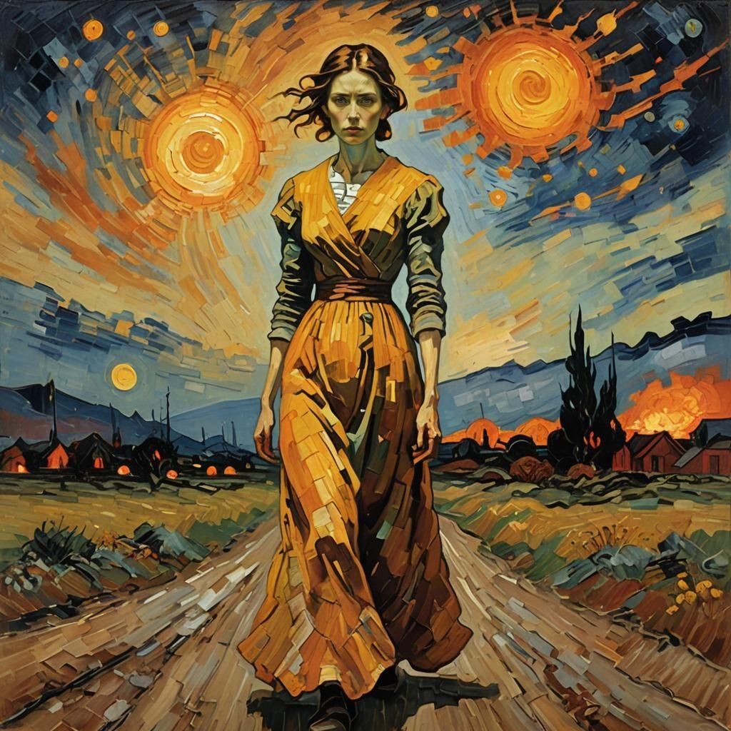 Woman Walks Towards Nuclear Blast in Van Gogh Style