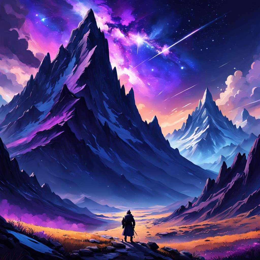 Majestic Purple Mountains Under Starry Cosmic Sky