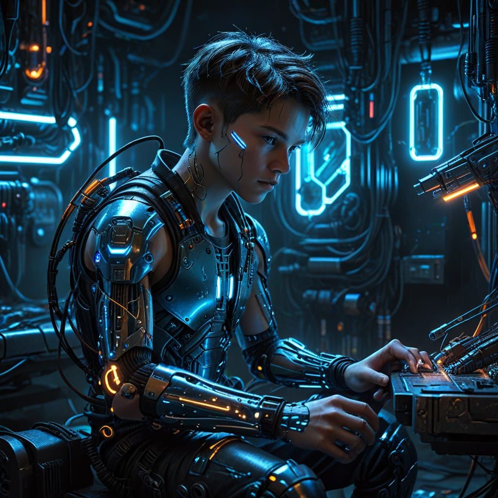 Cyberpunk Boy Attaching Cybernetic Limbs in Workshop