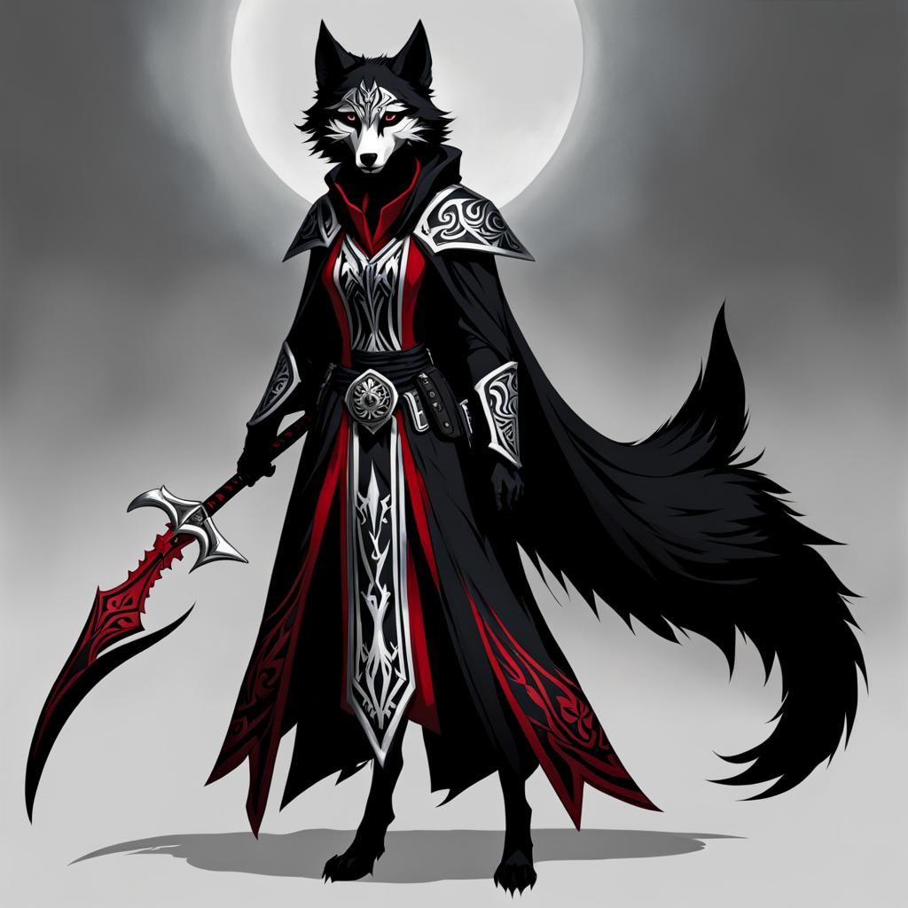 Anthro Wolf Grim Reaper in Tribal Style