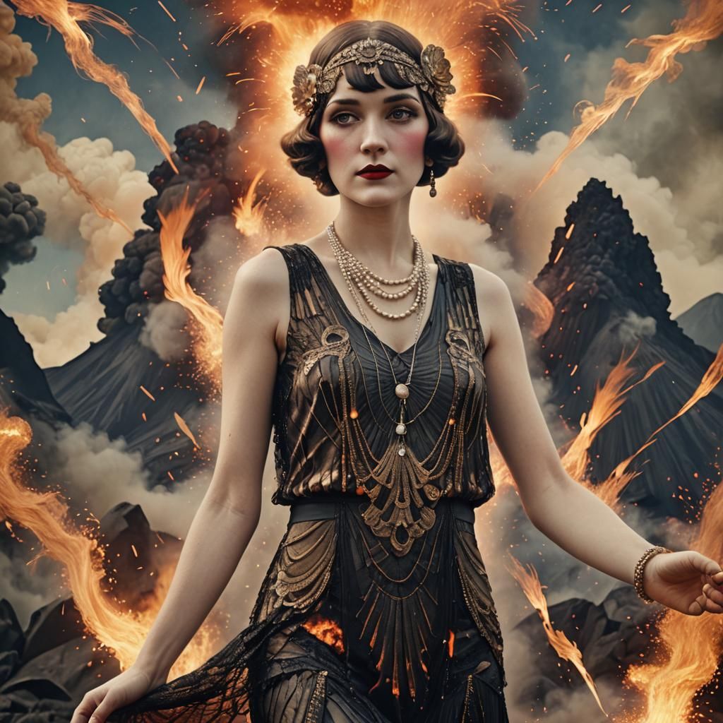 Flapper Girl in Front of Volcano Eruption