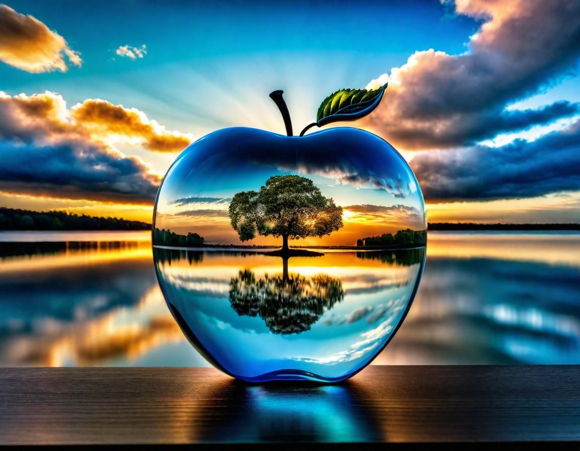 Glass Apple Reflecting Lakeside Tree, 8K HDR