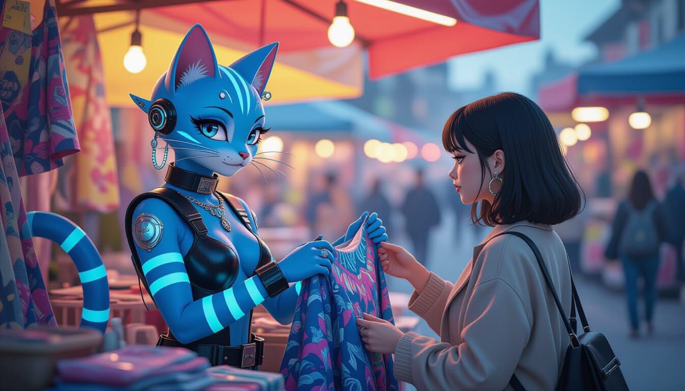 Blue Cat Alien at Flea Market in Anime Style