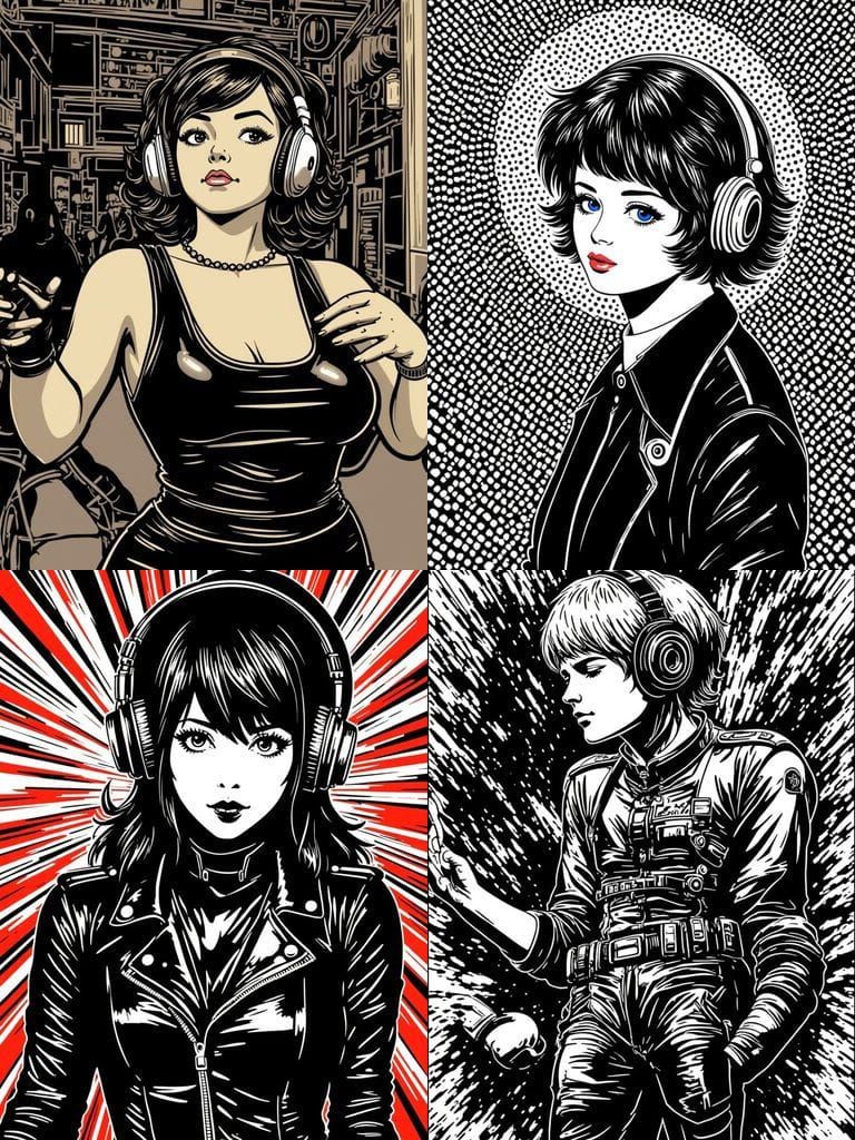 Linoleum Print Pinup with Headphones