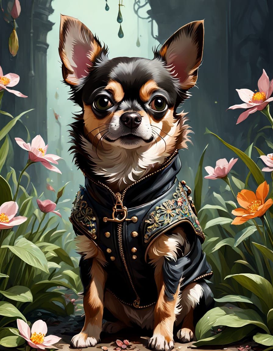 Adorable Chihuahua in Floral Spring Attire, Digital Painting