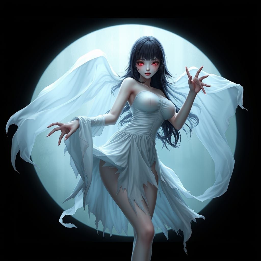 Terrifying Asian Female Ghost in Anime Style