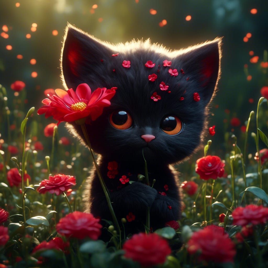 <lora:Kyoot:1.0> black kitten smelling a red flower,  with b...
