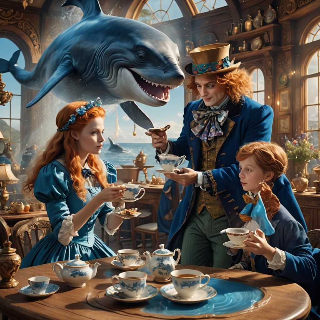 Mad Hatter's Tea Party with Whale, Fantasy Art