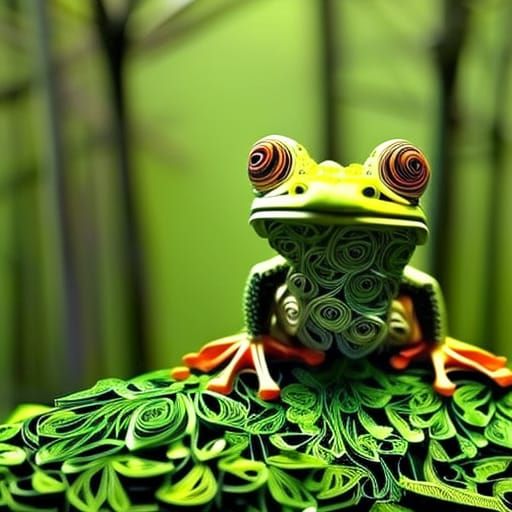 Intricate Paper Sculpture of a Frog in Forest
