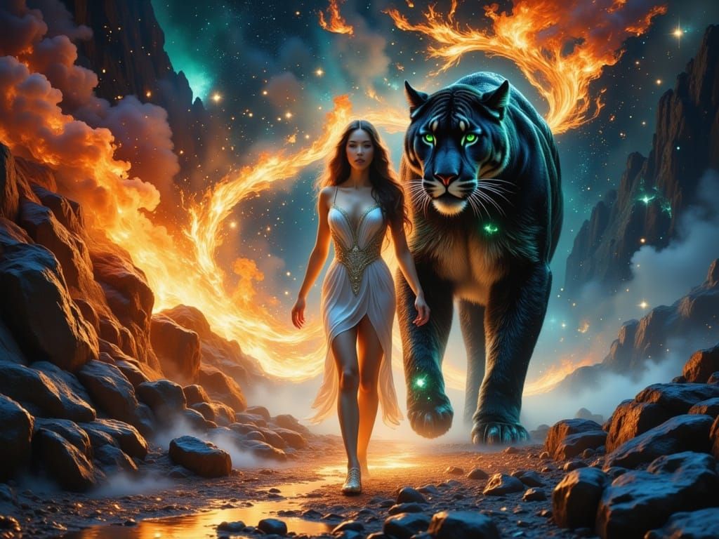Celestial Being and Fire Panther in Stardust Dreamscape