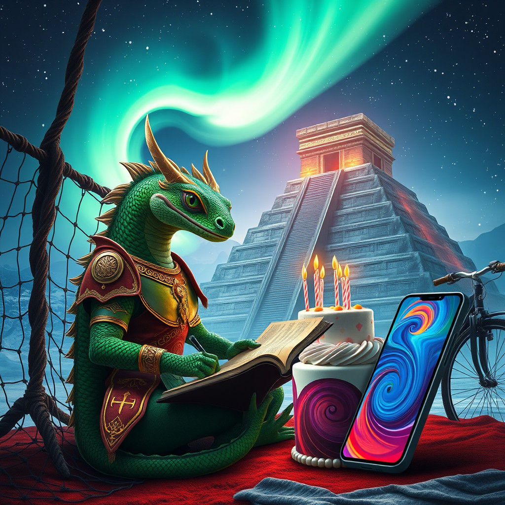 Regal Salamander Prince Writing Under Northern Lights