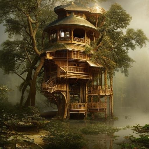 Hyperrealistic Treehouse in Russian Garden, Detailed Art